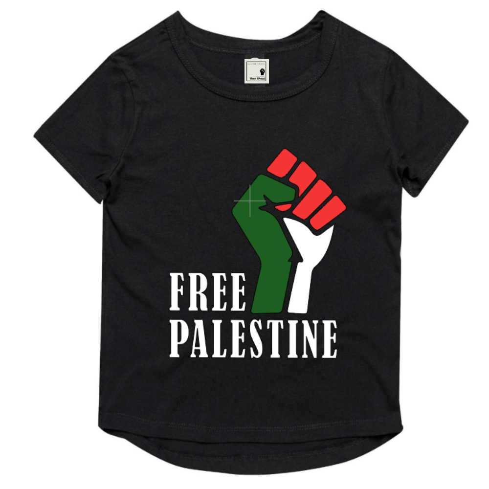 Kids Curved Hem Tshirt Free Palestine Fist – Wear It Proud