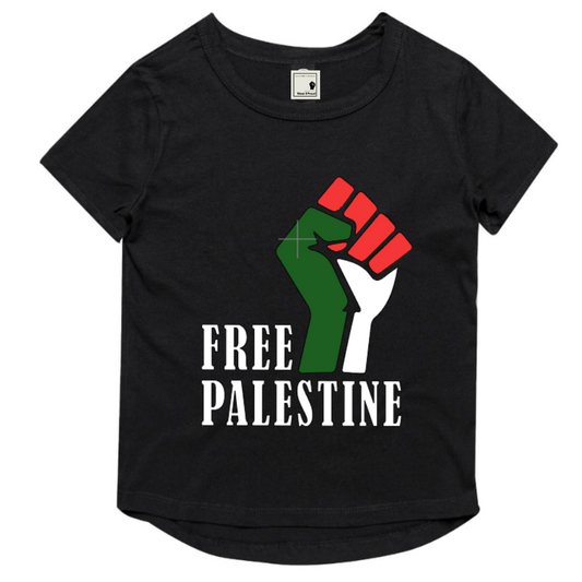 Kids Curved Hem Tshirt Free Palestine Fist